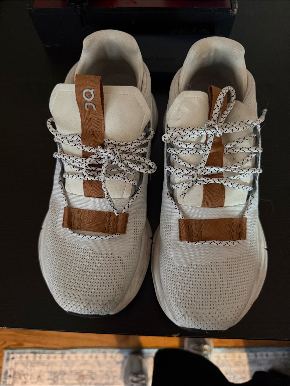 On Running Kids White and Tan Sneakers with Speckled Laces
